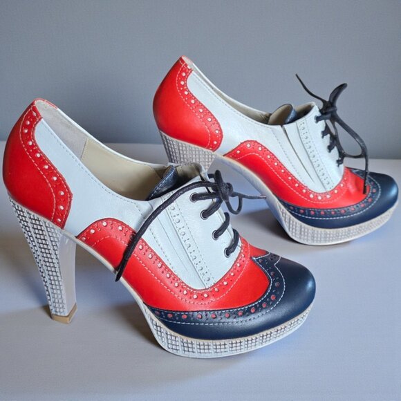 NWOT PERA DONNA ( 7.5 ) Red/White/Blue Gold Detail Lace Up Distressed Heels - Picture 3 of 10